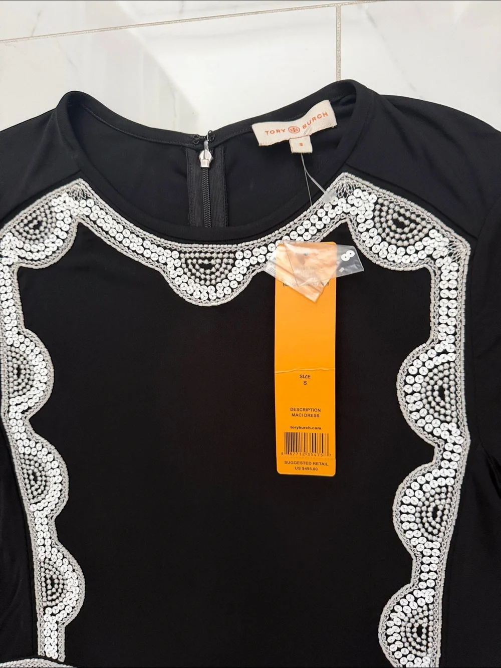 Tory Burch Maci long-sleeve silver-toned beaded scalloped embroidery neckline